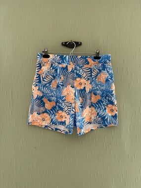 Columbia Blue & Orange Tropical Print Swim Trunks